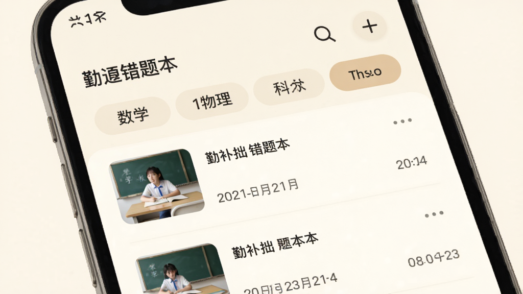 手机界面显示“勤补拙”错题本页面,列表中有数学、物理等科目标签,每条错题带有缩略图和日期,背景为米白色,风格温和,细节有搜索图标和添加按钮,画质高清,干净,无多余元素