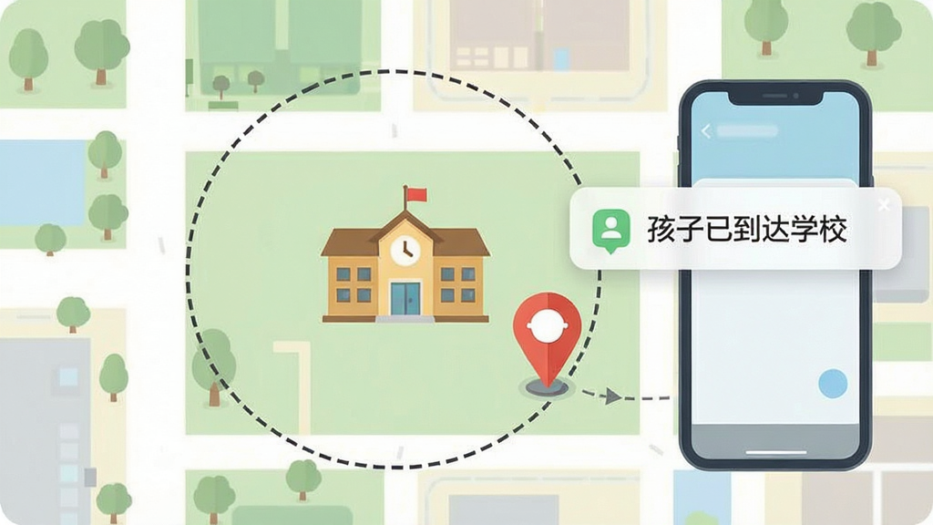 一幅展示电子围栏功能的示意图,画面中是一张简化风格的城市地图,地图上有一个用虚线圆圈标出的安全区域,区域中心是一所学校图标,地图上有一个代表孩子的定位图标正在进入该区域,旁边有手机通知弹窗显示“孩子已到达学校”,整体风格清新、直观、扁平化,画质干净,无多余元素
