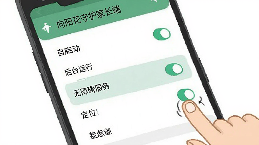 一幅展示手机权限设置界面的插画,画面中是一部安卓手机,屏幕上显示着“向阳花守护家长端”的权限管理页面,页面中列出了自启动、后台运行、无障碍服务、定位等权限选项,其中几个关键权限被高亮标记为开启状态,旁边有手指点击的示意,整体风格简洁、清晰、指导性强,画质干净,无多余元素