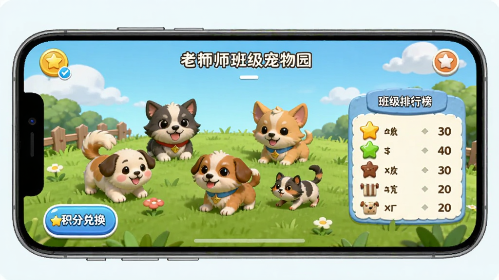 Our Teacher班级宠物园界面,画面中显示多只可爱的卡通宠物在草地上玩耍,旁边有积分兑换按钮与班级排行榜,手机横屏展示,布局清晰,风格为明亮卡通,细节包含宠物、积分图标、排行榜,画质高清,干净,无多余元素