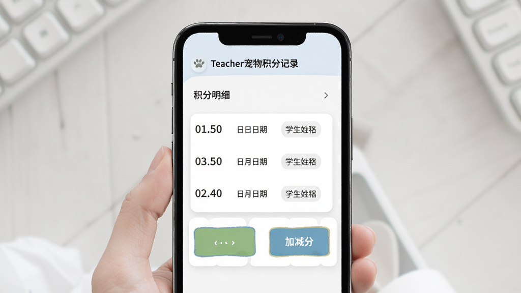 Our Teacher宠物积分记录页面,画面显示积分明细列表与加减分按钮,手机竖屏展示,布局为上下结构,风格为简约清爽,细节包含积分数字、日期、学生姓名,画质高清,干净,无多余元素