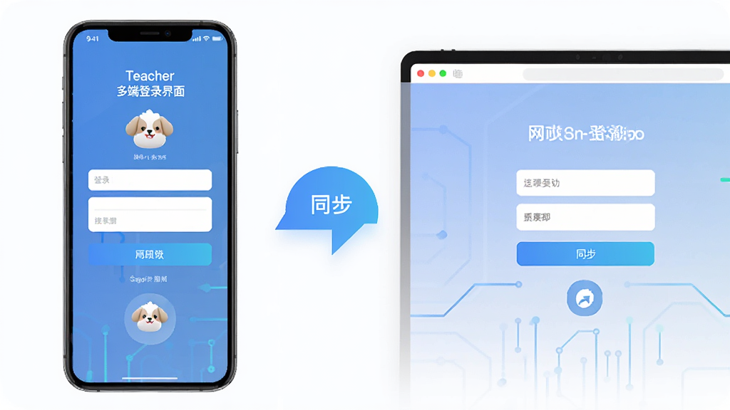 Our Teacher多端登录界面,画面左侧为手机端登录页,右侧为网页版登录页,中间有同步箭头连接,布局左右对比,风格为科技简约,细节包含登录框、班级宠物图标、同步标识,画质高清,干净,无多余元素