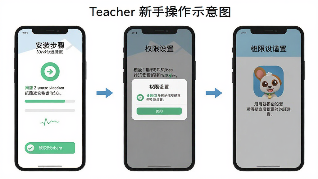 Our Teacher新手操作示意图,画面展示手机屏幕内安装步骤与权限设置界面,包含勾选按钮与提示文字,布局为分步图示,风格为扁平化,细节包含安装进度、权限弹窗、班级宠物图标,画质高清,干净,无多余元素