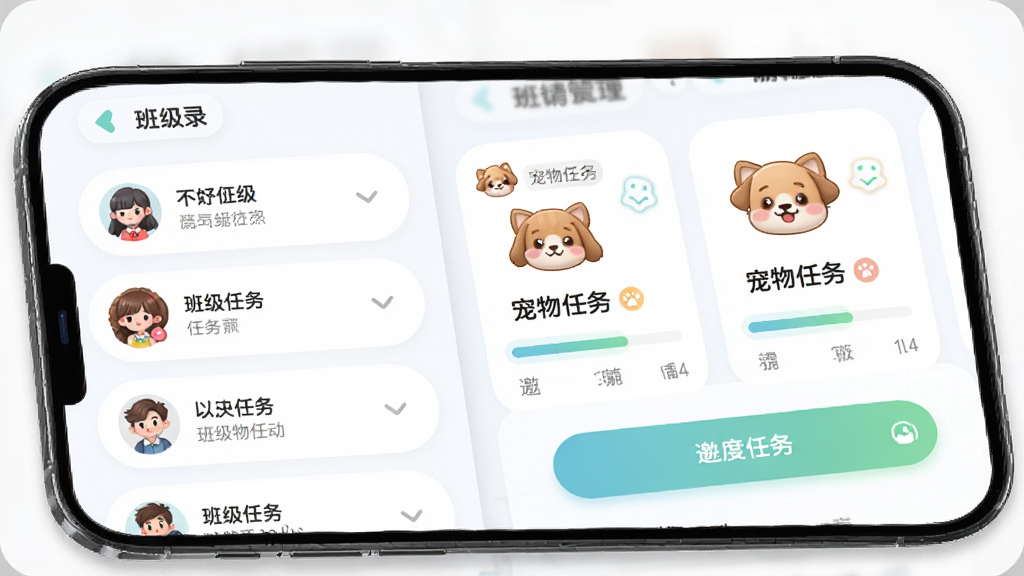 Our Teacher班级互动管理界面,画面展示班级列表与宠物任务卡片,手机屏幕内显示邀请按钮与任务进度,布局为卡片式,风格为柔和圆角,细节包含班级头像、任务标签、进度条,画质高清,干净,无多余元素