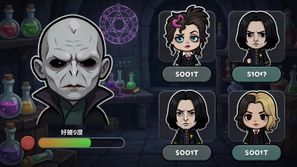 我才是伏地魔 角色互动养成界面预览图,画面左侧是伏地魔角色头像与好感度进度条,右侧排列着贝拉特里克斯、斯内普等角色的Q版立绘,每个角色下方有互动按钮,背景是昏暗的魔法实验室,风格为卡通奇幻,细节包括药剂瓶、魔法阵、角色表情,画质高清,干净,无多余元素