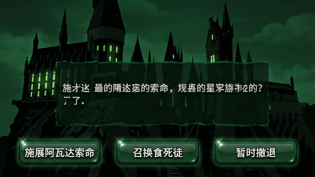 我才是伏地魔 反派视角剧情选择界面预览图,画面以深绿色与黑色为主色调,中央显示一段剧情对话文本,下方三个选项按钮分别写着“施展阿瓦达索命”“召唤食死徒”“暂时撤退”,背景是霍格沃茨城堡的暗影轮廓,风格为暗黑卡通,细节包括按钮的光泽、文字阴影、城堡窗户的微光,画质清晰,干净,无多余元素