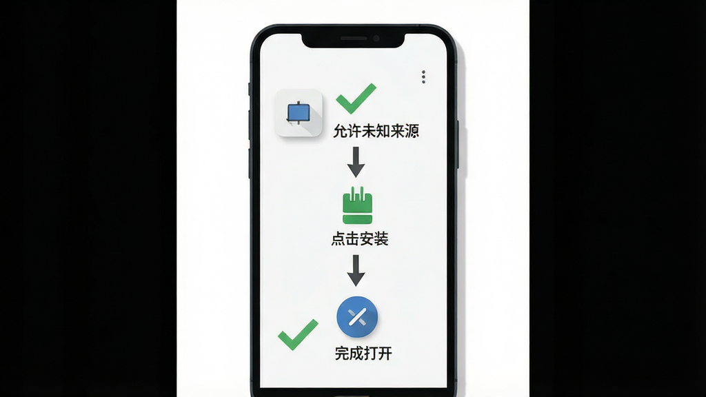 我才是伏地魔 安卓手机安装步骤示意图,画面以白色背景为主,中央展示一部智能手机屏幕,屏幕上依次显示“允许未知来源”“点击安装”“完成打开”三个步骤图标,每个步骤配有绿色对勾与简短文字说明,风格为扁平化教程插画,细节包括手机边框、图标阴影、步骤箭头,画质清晰,干净,无多余元素
