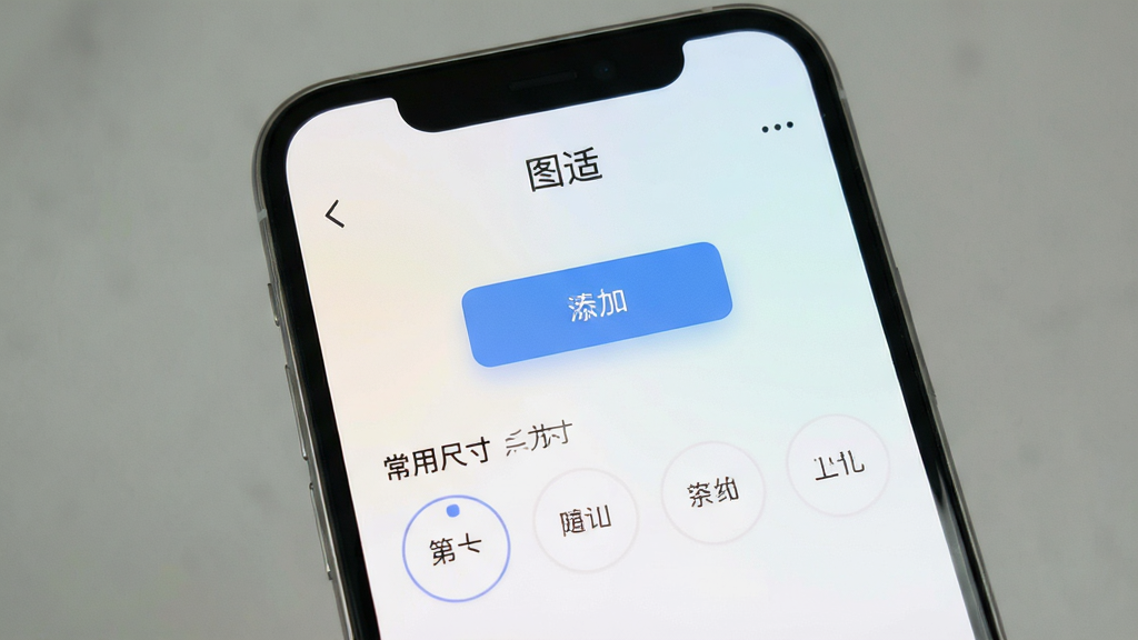 一张手机屏幕展示图适软件主界面,界面简洁,顶部显示软件名称“图适”,中间有添加图片按钮和常用尺寸比例选项,背景为浅色渐变,风格现代简约,画质清晰干净,无多余元素