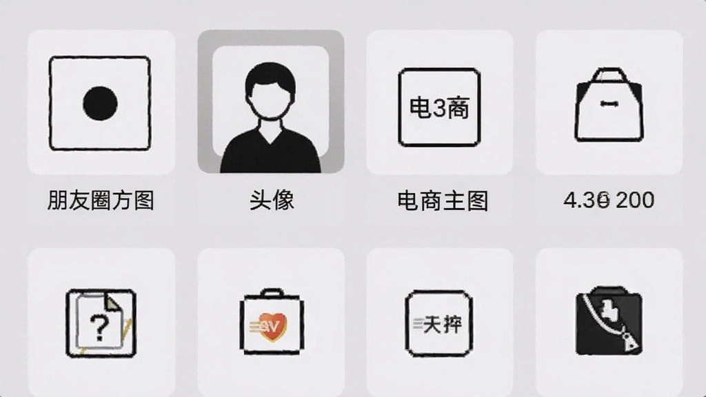 手机屏幕截图风格,展示图适软件的尺寸模板选择界面,网格排列着“朋友圈方图”“头像”“电商主图”等选项,每个选项配有简笔图标,界面干净整洁,浅灰色背景,画质清晰