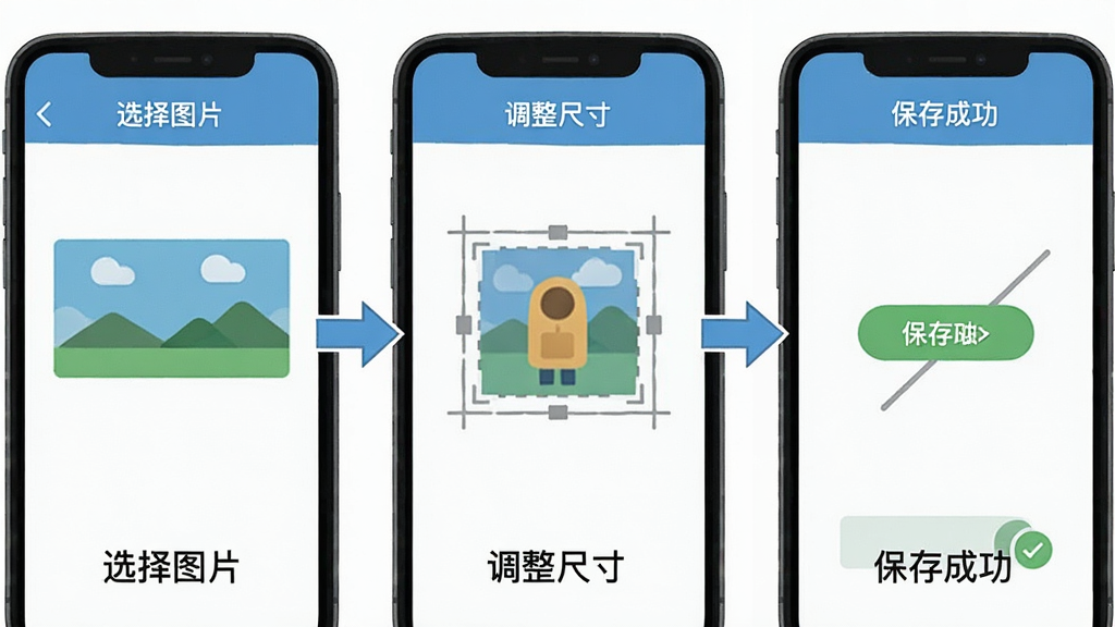 图适软件操作步骤示意图,手机屏幕从左到右展示“选择图片”“调整尺寸”“保存成功”三个步骤,界面简洁,带有箭头引导,风格扁平化,画质清晰干净