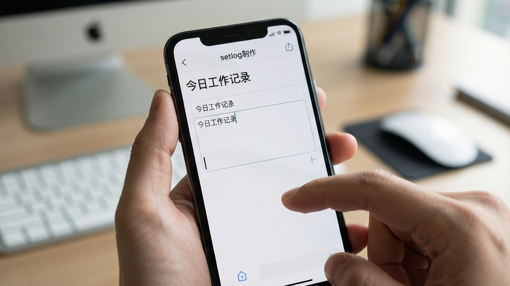 主体为一只手拿着手机,手机屏幕显示“setlog制作”的日志编辑界面,标题栏写着“今日工作记录”;布局为第一人称视角,手机位于画面中央偏下;排版上界面元素清晰,输入框和光标可见;风格为写实生活风,光线柔和;细节包括手指轻触屏幕的动作、背景为模糊的办公桌面;画质高清干净,无多余元素,突出软件易用性。