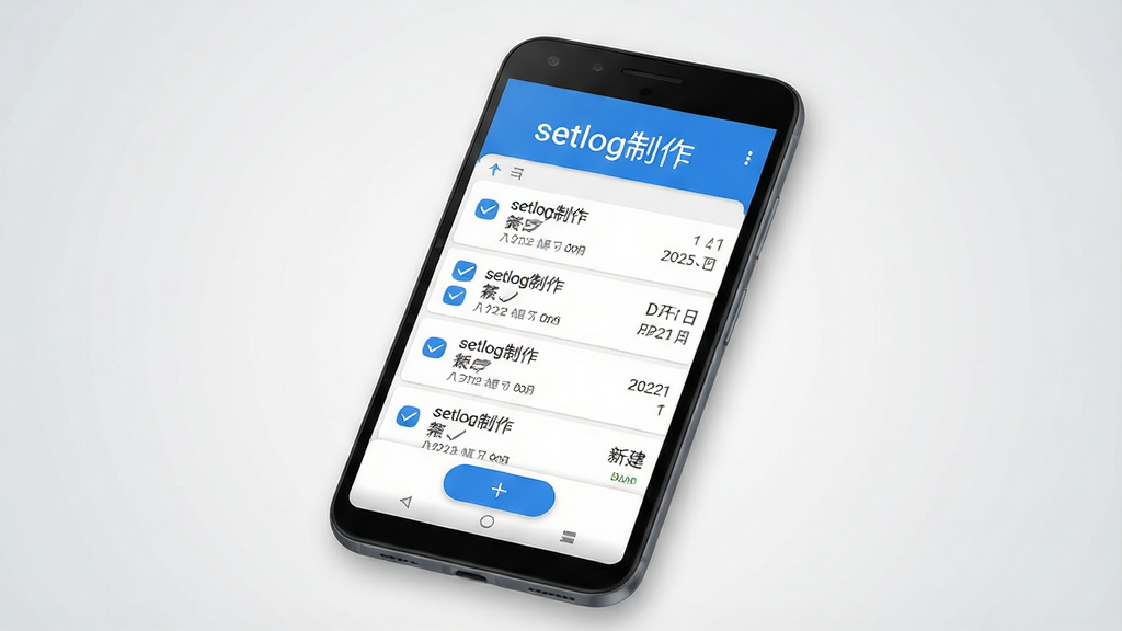 主体为一部安卓手机屏幕,屏幕中央展示“setlog制作”软件主界面,界面内排列着日志列表与新建按钮;布局采用居中构图,手机略微倾斜以展现立体感;排版上软件名称“setlog制作”以醒目字体出现在屏幕顶部;风格为现代扁平化科技风,配色以蓝白为主;细节包括日志条目旁的勾选图标、日期标签和底部悬浮添加按钮;画质清晰干净,无多余元素,背景为浅灰色渐变,整体视觉清爽,适合软件下载站展示。