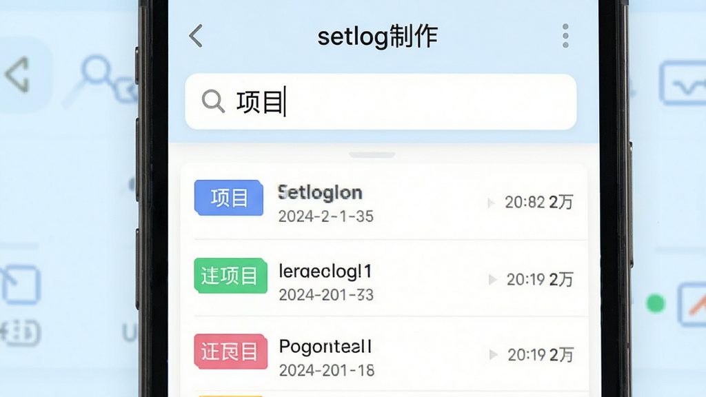 主体为手机屏幕特写,显示“setlog制作”的搜索界面,搜索框内输入了“项目”二字,下方列出多条匹配的日志;布局为垂直构图,手机占满画面;排版上搜索框位于顶部,结果列表清晰;风格为清新浅色风,背景为淡蓝色;细节包括每条日志前的标签色块和日期;画质锐利干净,无多余元素,突出检索效率。