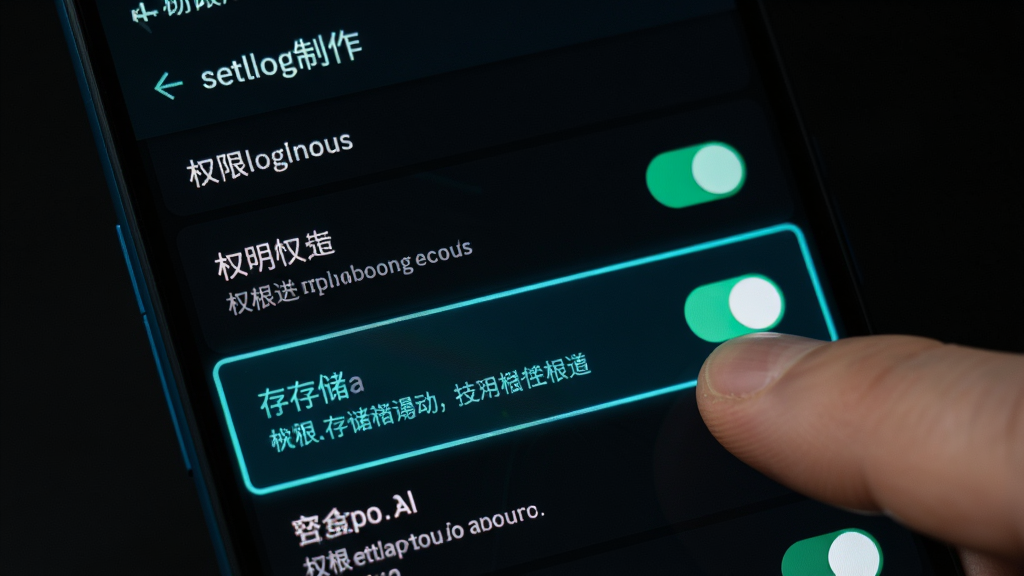 主体为安卓手机屏幕显示“setlog制作”的权限管理界面,存储权限开关处于开启状态;布局为手机正面特写,背景为深色;排版上权限列表清晰,存储选项高亮;风格为科技暗色风,蓝绿色点缀;细节包括手指点击开关的动作、权限说明文字;画质清晰干净,无多余元素,强调权限设置步骤。