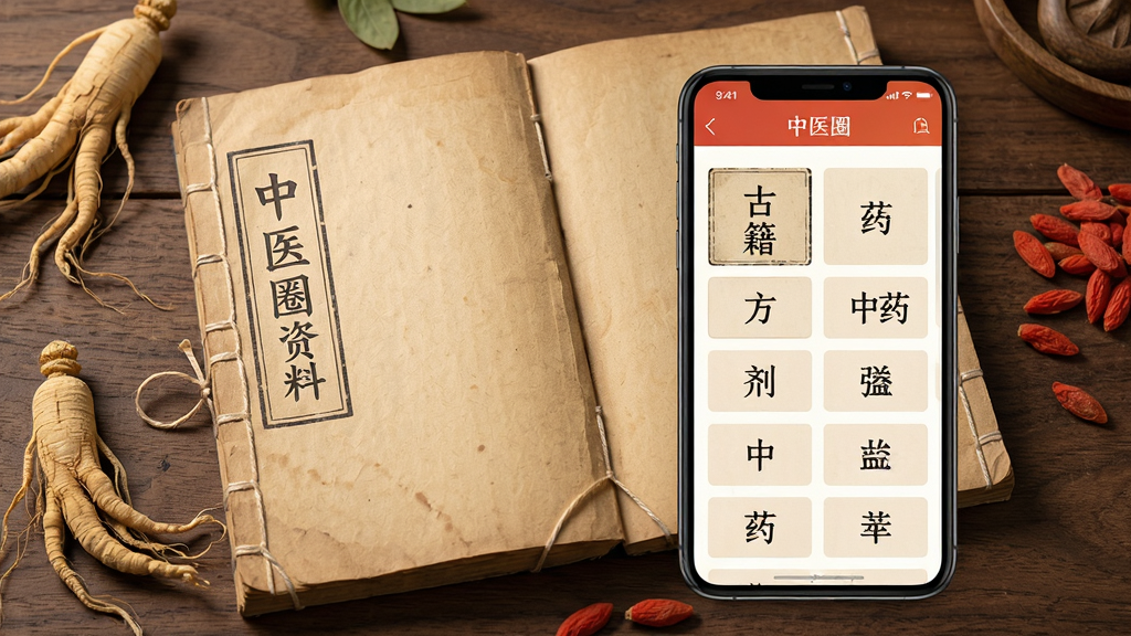中医圈资料库界面展示图,画面中一本展开的古朴中医线装书与一部现代智能手机并排摆放,手机屏幕显示“中医圈”资料库列表,包含古籍、方剂、中药等分类标签,书本周围散落几片人参和枸杞,布局为左右对比构图,风格为写实摄影与UI合成,细节丰富,画质高清,干净无多余元素