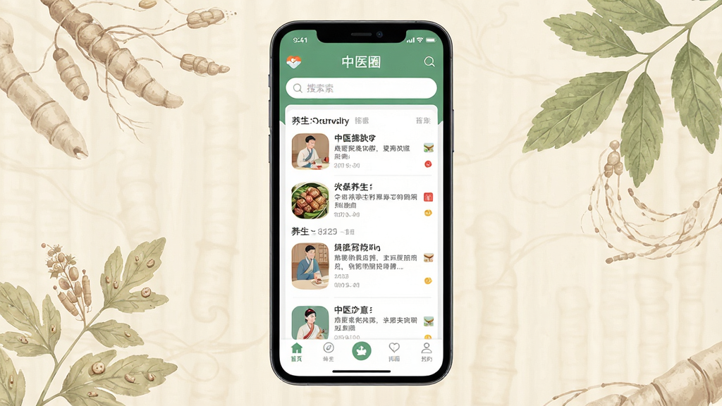 中医圈软件主界面概览图,画面中央展示一部智能手机,屏幕内呈现“中医圈”APP首页,包含顶部搜索栏、中部养生文章列表与底部导航栏,背景为淡雅的米黄色中医草本纹理,布局简洁清晰,风格为现代扁平化UI设计,细节包括图标圆润、字体清晰,画质高清干净无多余元素