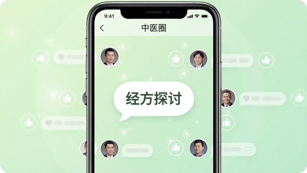 中医圈社区交流界面图,画面展示手机屏幕内“中医圈”APP的圈子页面,多个用户头像围绕一个话题气泡进行讨论,气泡内写有“经方探讨”字样,背景为淡绿色渐变,布局为环绕式构图,风格为社交软件UI风格,细节包括点赞、评论图标,画质清晰,干净整洁