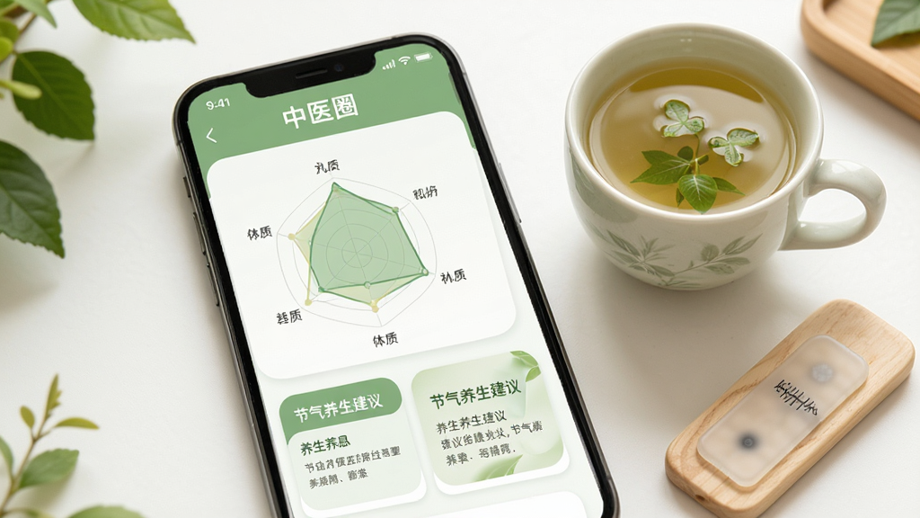 中医圈健康管理功能界面图,手机屏幕显示“中医圈”体质测试结果页面,包含九种体质雷达图与节气养生建议卡片,屏幕旁边放置一杯养生茶和一块刮痧板,布局为居中构图,风格为清新健康风,细节包括柔和的绿色调与圆角卡片,画质高清,干净无多余元素