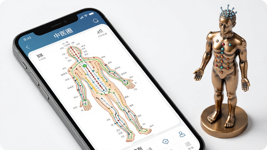 中医圈专业工具界面图,画面展示手机屏幕内“中医圈”APP的经络穴位图与方剂查询工具,屏幕中显示人体经络循行路线与穴位标注,旁边放置一个针灸铜人模型,布局为对角线构图,风格为专业医学插画与UI结合,细节精确,画质高清,干净无多余元素