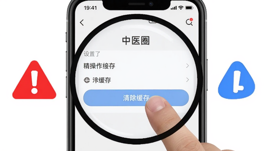 中医圈新手操作示意图,画面展示一部手机屏幕内显示“中医圈”APP的设置页面,手指正点击“清除缓存”按钮,旁边有红色警示标志与蓝色提示标志,布局为居中放大构图,风格为手机UI操作指引图,细节清晰,画质干净无多余元素
