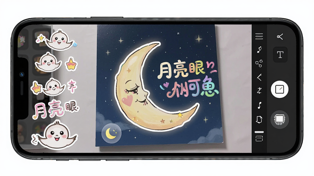 月亮眼创意贴纸与文字编辑界面,主体为手机屏幕展示一张添加了贴纸和艺术字的照片,布局为全屏编辑视图,排版展示贴纸库与文字工具栏,风格为活泼清新,细节包含多种可爱贴纸、彩色字体和图层管理按钮,画质高清,干净无多余元素