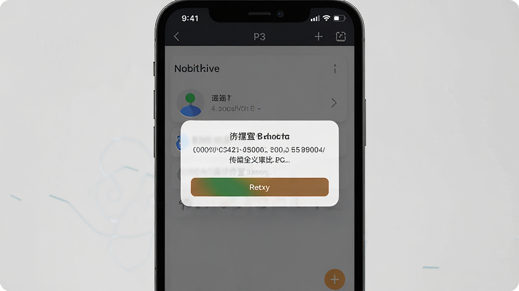 一张手机屏幕录制风格的图片,展示P3软件出现闪退错误提示的界面,主体为手机和错误弹窗,布局居中,排版简洁,风格为写实科技,细节包括错误代码和重试按钮,画质高清,干净,无多余元素