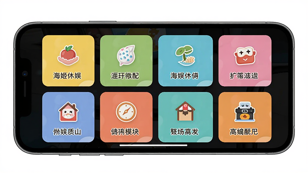 海姬休娱应用内休闲内容模块展示,主体为手机屏幕中呈现多个彩色功能卡片整齐排列,布局采用网格状排版,风格清新活泼,细节上每个卡片带有不同小图标和简短文字标签,画质清晰,画面干净,无多余装饰元素