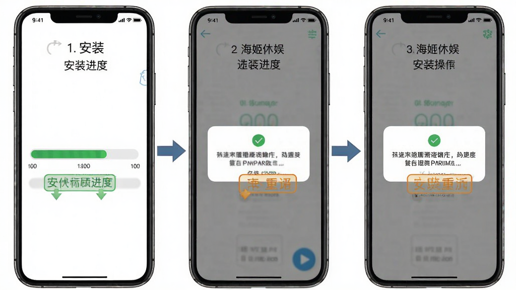 海姬休娱新手安装操作示意图,主体为手机屏幕展示安装进度条与权限弹窗界面,布局采用分步截图排列,风格清晰直观的教学图示,细节上带有箭头指引和重点标注框,画质高清,画面干净,无多余元素