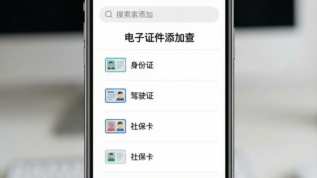 一张展示手机应用界面的图片,画面中央是一个手机屏幕,屏幕上显示着电子证件添加查软件中的证件分类列表,包括身份证、驾驶证、社保卡等选项,每个选项旁边有对应的证件小图标,界面背景为白色,顶部有搜索栏,风格为清新扁平化设计,细节精致,画质清晰,文字显示“电子证件添加查”,无多余装饰元素