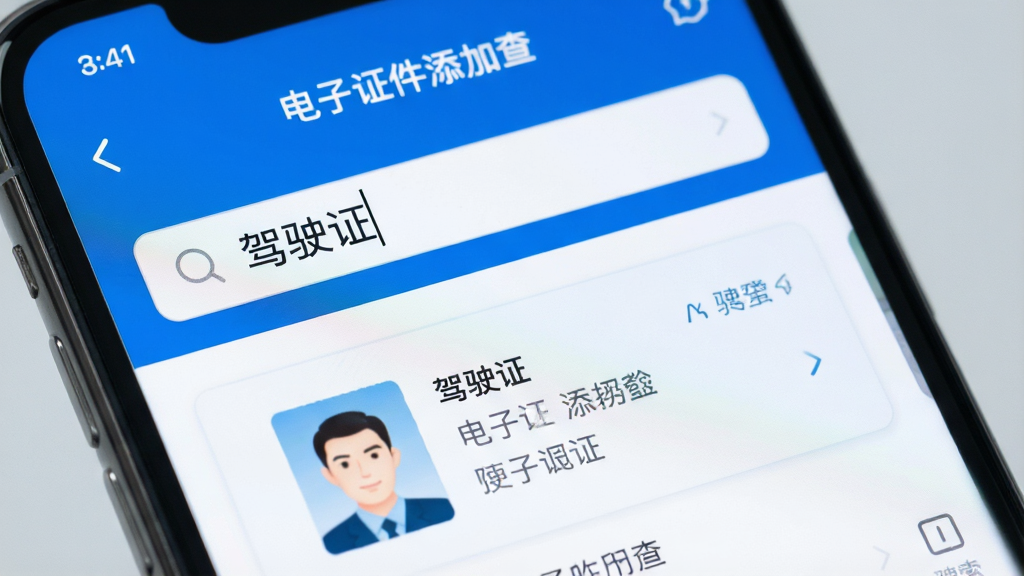 一张展示手机屏幕特写的图片,屏幕上显示电子证件添加查软件的搜索界面,搜索框中输入了“驾驶证”字样,下方立即显示出对应的证件卡片结果,界面配色以蓝白为主,风格简洁明快,背景为柔和的浅灰色,画质清晰,文字显示“电子证件添加查”,画面干净无杂物