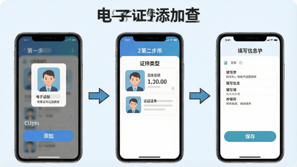 一张展示手机屏幕上电子证件添加查软件操作步骤的图片,画面中手机屏幕分为三个步骤展示,第一步点击添加按钮,第二步选择证件类型,第三步填写信息并保存,每个步骤都有箭头引导,风格为教程图解风,背景为浅色,画质清晰,文字显示“电子证件添加查”,画面干净整洁