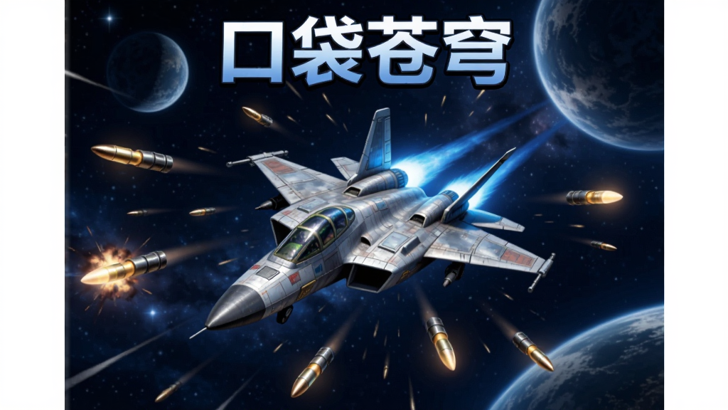 画面中央是一架造型科幻的战斗机在星空中飞行,周围散布着发光的子弹和爆炸特效,背景是深蓝色宇宙与远处星球,整体采用竖版手机游戏截图风格,上方留有标题文字“口袋苍穹”,画面干净,主体突出,高画质,无多余元素