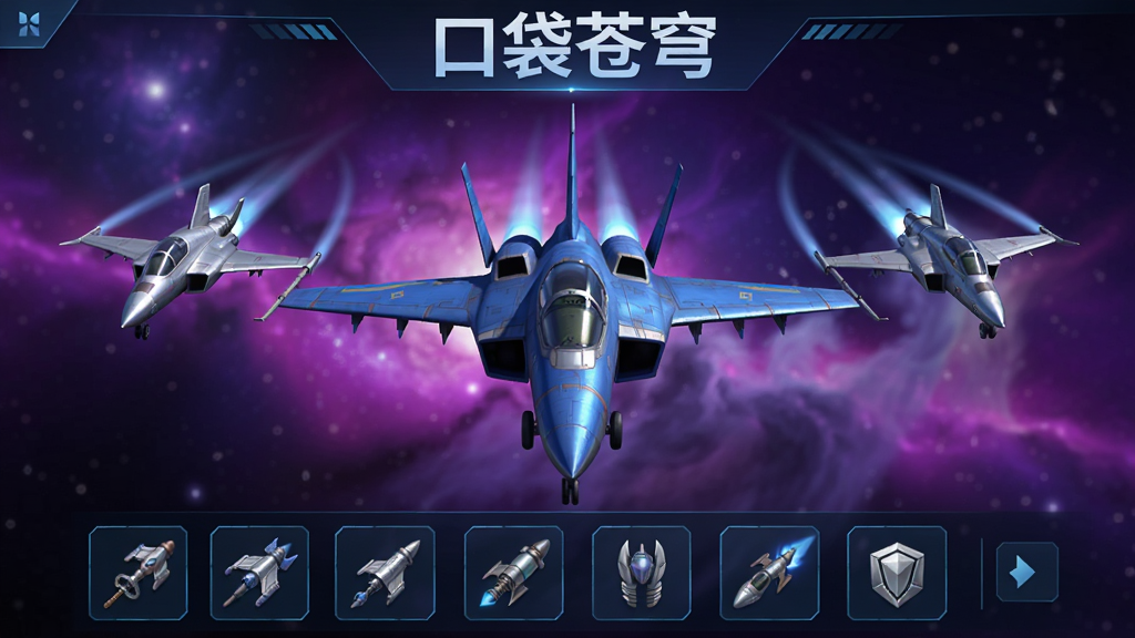两架小型僚机环绕在主战机两侧,主战机呈蓝色涂装,僚机为银色,背景是渐变的紫色星云,画面下方有装备图标排列,整体为游戏界面风格,文字“口袋苍穹”出现在顶部,高画质,无杂乱元素