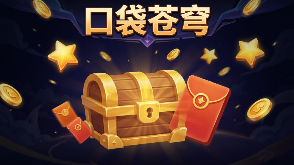 游戏结算界面,屏幕中央显示金色宝箱和红包图标,周围有星星和金币飘落,背景为深色,顶部有“口袋苍穹”字样,风格喜庆,画质清晰,主体明确,无多余装饰