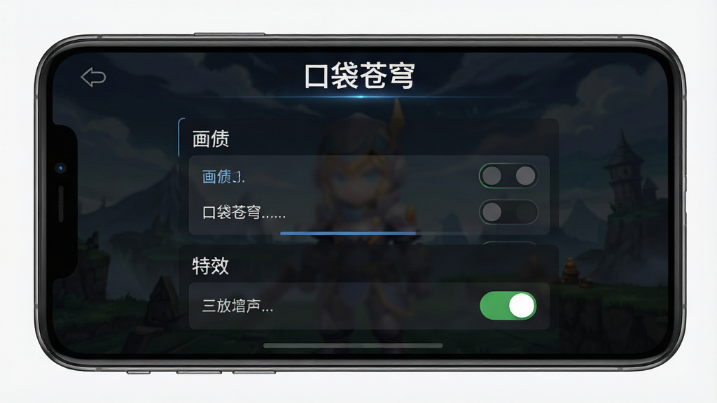 手机屏幕显示游戏设置菜单界面,画质选项和特效开关清晰可见,背景为深色半透明,顶部有“口袋苍穹”标题,画面简洁,功能明确,高画质,无多余元素