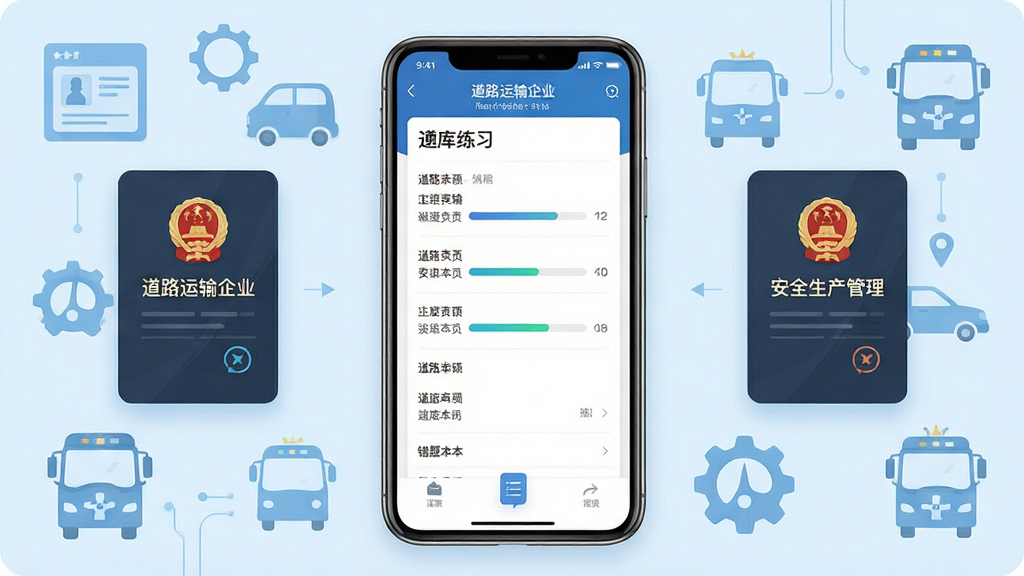 软件主界面展示,中央放置一部智能手机,屏幕显示道路运输企业两类人员考试App的题库练习界面,左右两侧悬浮着道路运输企业主要负责人和安全生产管理人员证书图标,背景为淡蓝色交通运输元素,布局居中对称,排版简洁清晰,风格为扁平化商务科技风,细节包含答题卡、进度条、错题本图标,画质高清,干净,无多余元素