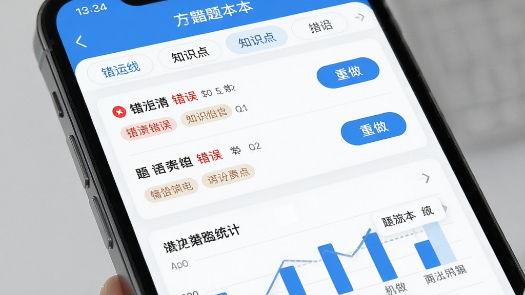 道路运输企业两类人员考试App错题本功能界面,主体为手机屏幕特写,布局为列表式展示错题记录,排版顶部为筛选标签底部为统计图表,风格为清新教育类App风格,细节包含红色错误标记、知识点标签、重做按钮,画质高清,干净,无多余元素