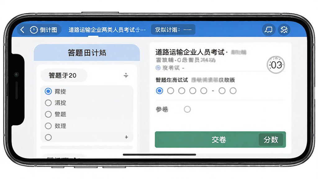 AI生图,主体为道路运输企业两类人员考试App的模拟考试界面,布局为手机横屏展示,排版左侧显示答题卡右侧显示题目,风格为真实考试系统界面风格,细节包含倒计时、单选按钮、交卷按钮、分数显示,画质高清,干净,无多余元素