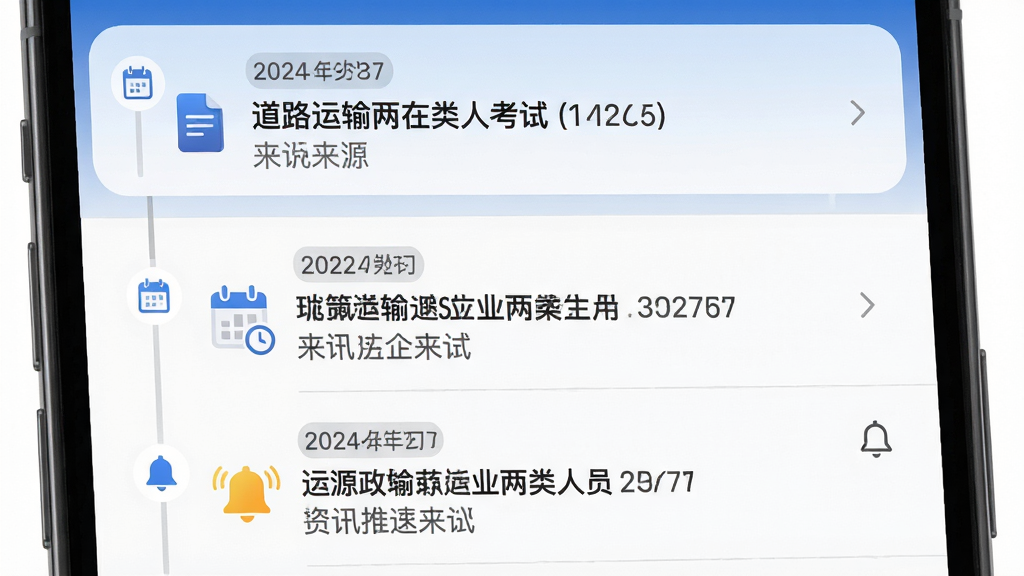 道路运输企业两类人员考试App资讯推送界面,主体为手机通知中心样式,布局为垂直时间线排列,排版每条资讯带有日期标签和来源标识,风格为现代新闻资讯流风格,细节包含政策文件图标、日历图标、铃铛提醒图标,画质高清,干净,无多余元素