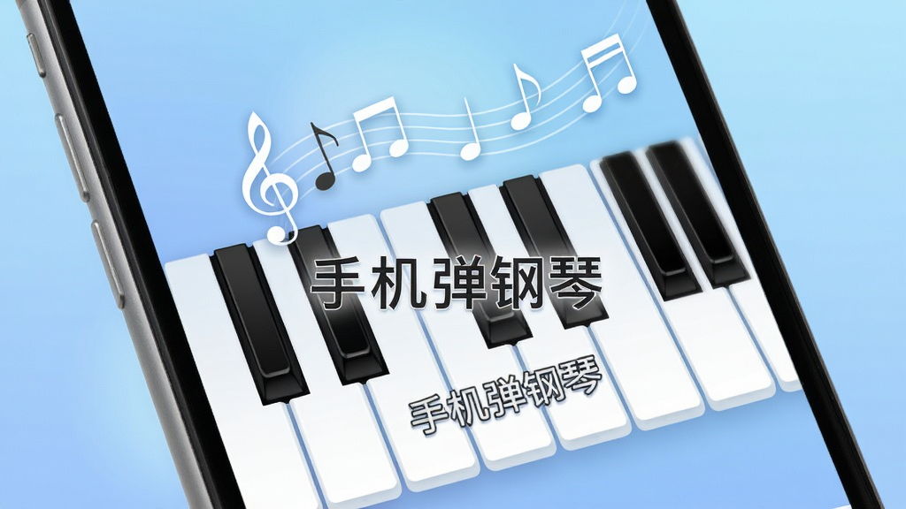 一部手机屏幕特写,显示钢琴琴键界面,琴键上方有音符飘动的视觉效果,屏幕中间有“手机弹钢琴”的文字标识,背景是柔和的蓝色渐变,整体风格清新简约,画质清晰,干净无多余元素