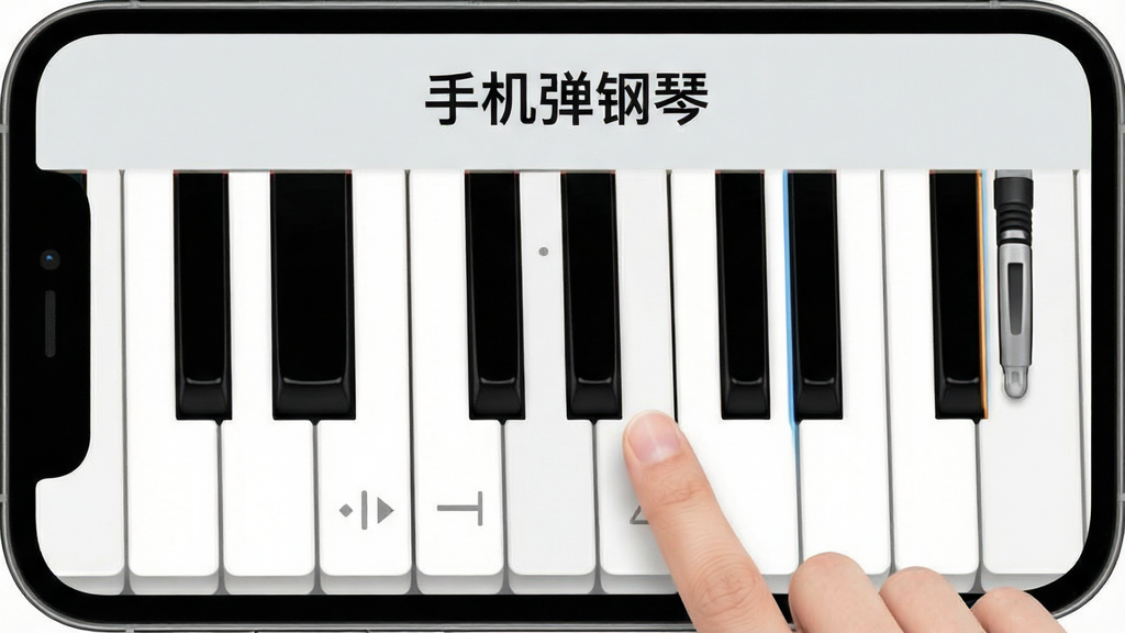 手机弹钢琴应用界面截图风格,展示简洁的黑白琴键布局,屏幕顶部有“手机弹钢琴”标题,界面干净整洁,手指正在点击琴键,背景是淡雅的浅灰色,整体风格简约现代,画质清晰,无多余装饰元素
