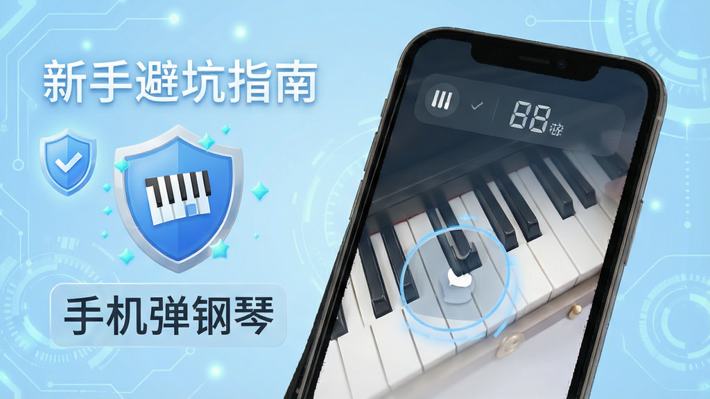 手机弹钢琴应用在手机屏幕上运行,旁边有提示文字“新手避坑指南”和“手机弹钢琴”标识,画面中有盾牌图标代表安全提示,背景是浅蓝色科技风格,整体简洁清晰,画质干净,无多余元素