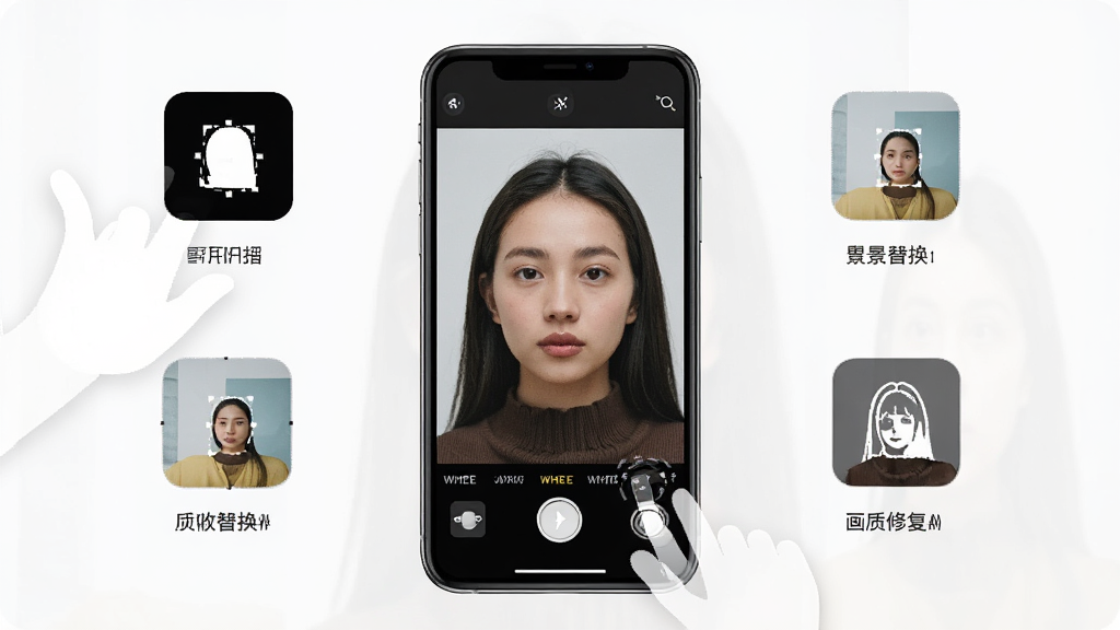 一张展示WHEE智能修图功能的概念图,画面中手机屏幕上显示一张人像照片,周围有抠图、背景替换、画质修复等工具图标,布局为环绕式,风格为简洁实用风,细节包括工具图标和操作手势,画质清晰,干净,无多余元素