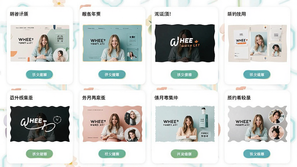 一张展示WHEE风格模板库的概念图,画面中排列着多个风格各异的图片模板缩略图,布局为网格排列式,风格为清新明快风,细节包括分类标签和预览按钮,画质清晰,干净,无多余元素