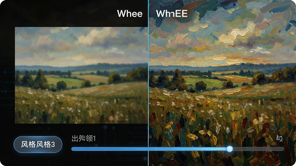 一张展示WHEE图生图功能的概念图,画面中一张普通风景照片正在被转换为油画风格,左右分屏对比,布局为左右对称式,风格为艺术感与科技感结合,细节包括风格选择按钮和转换进度条,画质清晰,干净,无多余元素