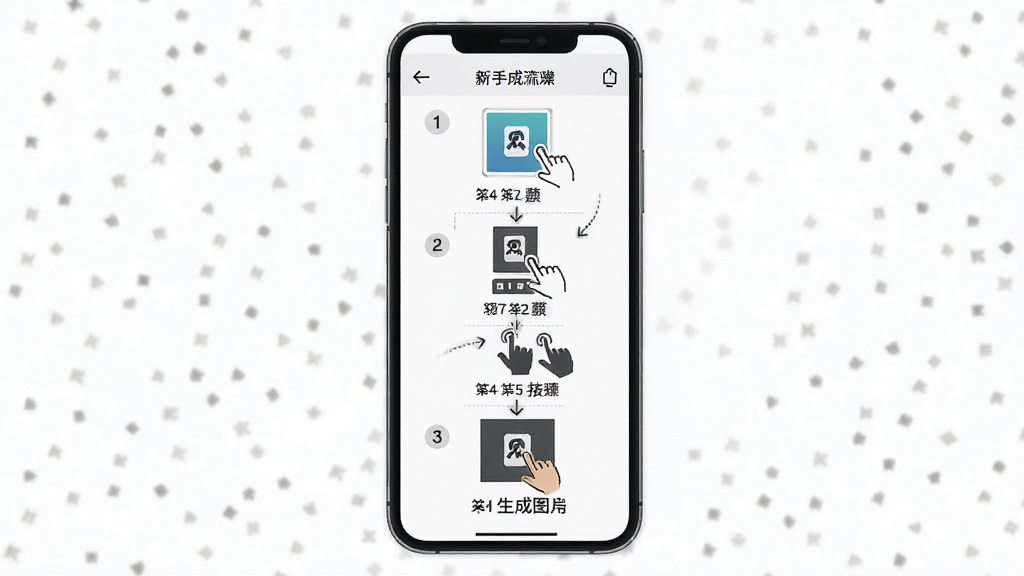 一张展示WHEE新手操作流程的概念图,画面中手机屏幕显示从安装到生成图片的步骤示意图,布局为纵向流程图式,风格为简洁教程风,细节包括步骤编号和操作手势图标,画质清晰,干净,无多余元素