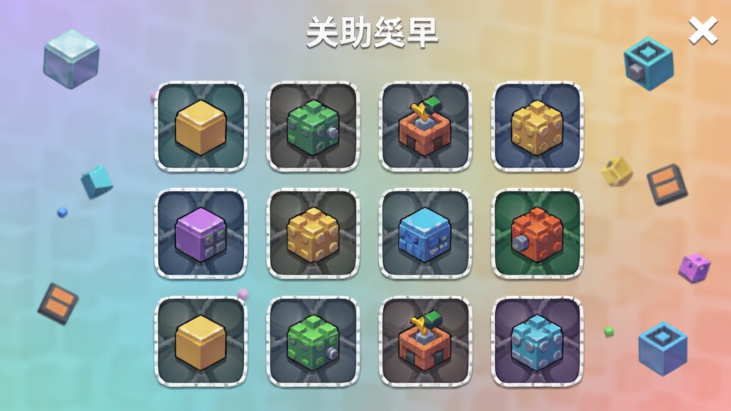 方块破碎机(辅助菜单)关卡选择界面,网格状排列多个关卡图标,背景为柔和渐变,方块元素点缀,排版整齐,画质清晰干净