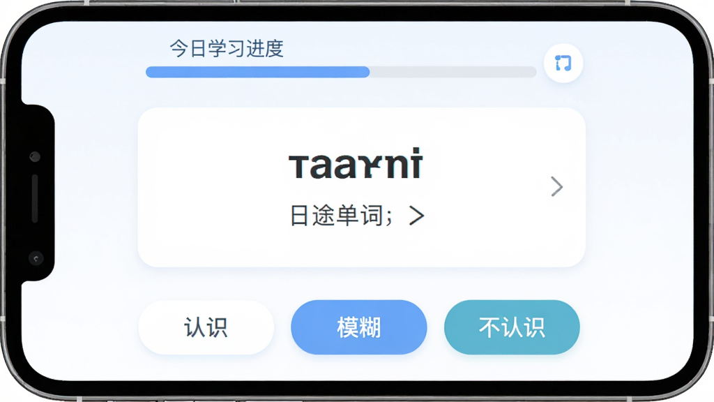 日途背单词软件主界面展示,主体为一部智能手机屏幕,屏幕上显示日途背单词的学习卡片界面,布局为顶部显示今日学习进度条,中部为英文单词与中文释义卡片,底部为认识、模糊、不认识三个操作按钮,排版简洁清晰,风格为现代扁平化设计,细节包括柔和的蓝白配色、圆角卡片、清晰的字体层级,画质高清,画面干净,无多余元素