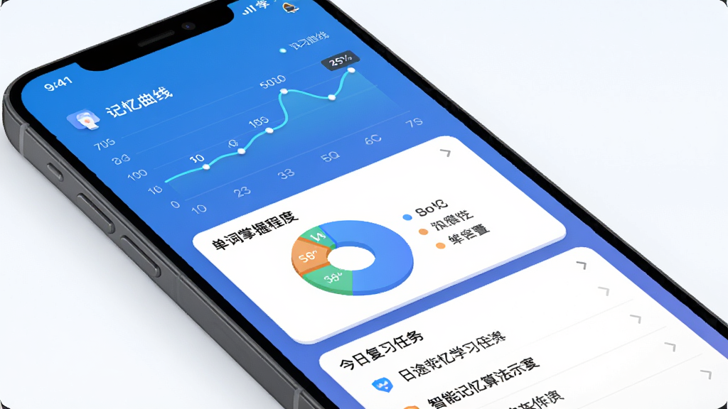 日途背单词智能记忆算法示意图,主体为一部手机屏幕展示学习数据面板,布局为顶部显示记忆曲线折线图,中部为单词掌握程度分布饼图,底部为今日复习任务列表,排版清晰有序,风格为科技感数据可视化,细节包括蓝色渐变背景、白色数据卡片、清晰的图表标注,画质高清,画面干净,无多余元素