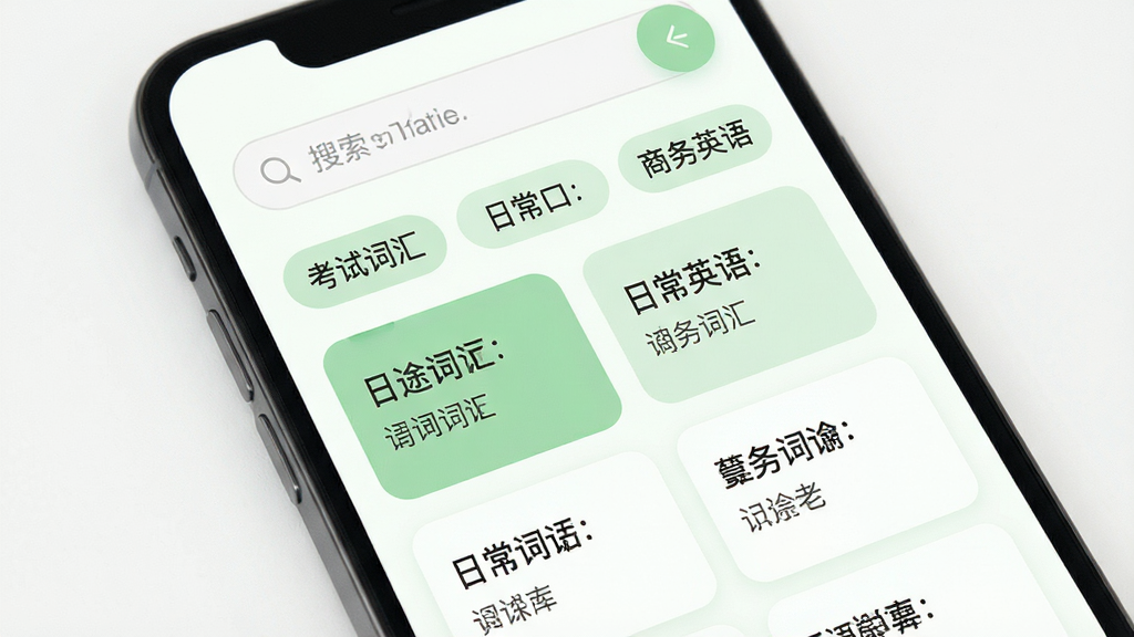 日途背单词词库选择界面,主体为手机屏幕展示词库列表,布局为顶部搜索框,中部为分类标签如考试词汇、日常口语、商务英语等,下方为具体词库卡片列表,排版整齐,风格为清新浅色系,细节包括柔和的绿色点缀、圆角卡片、清晰的文字层级,画质高清,画面干净,无多余元素